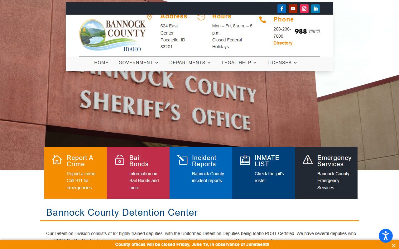 Bannock County Detention Center inmate population and jail records page