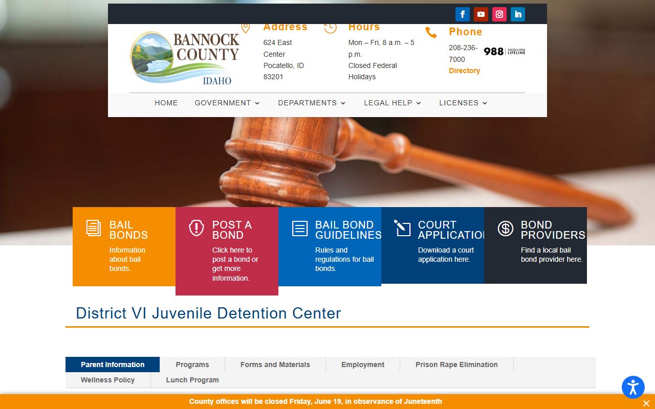 Official District VI Juvenile Detention Center page with contact and visitation information