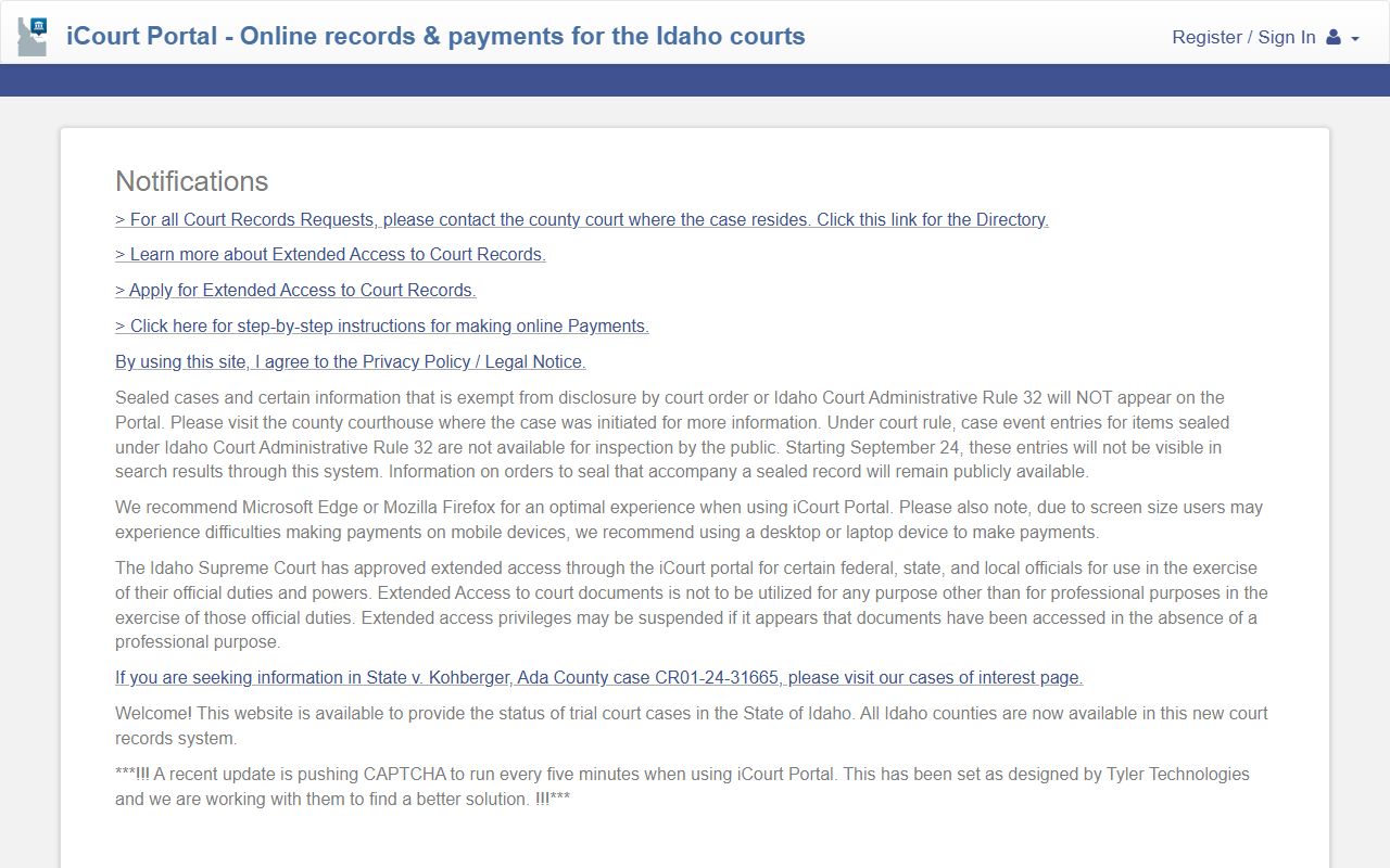 Idaho iCourt Portal for Bannock County court records after jail arrest