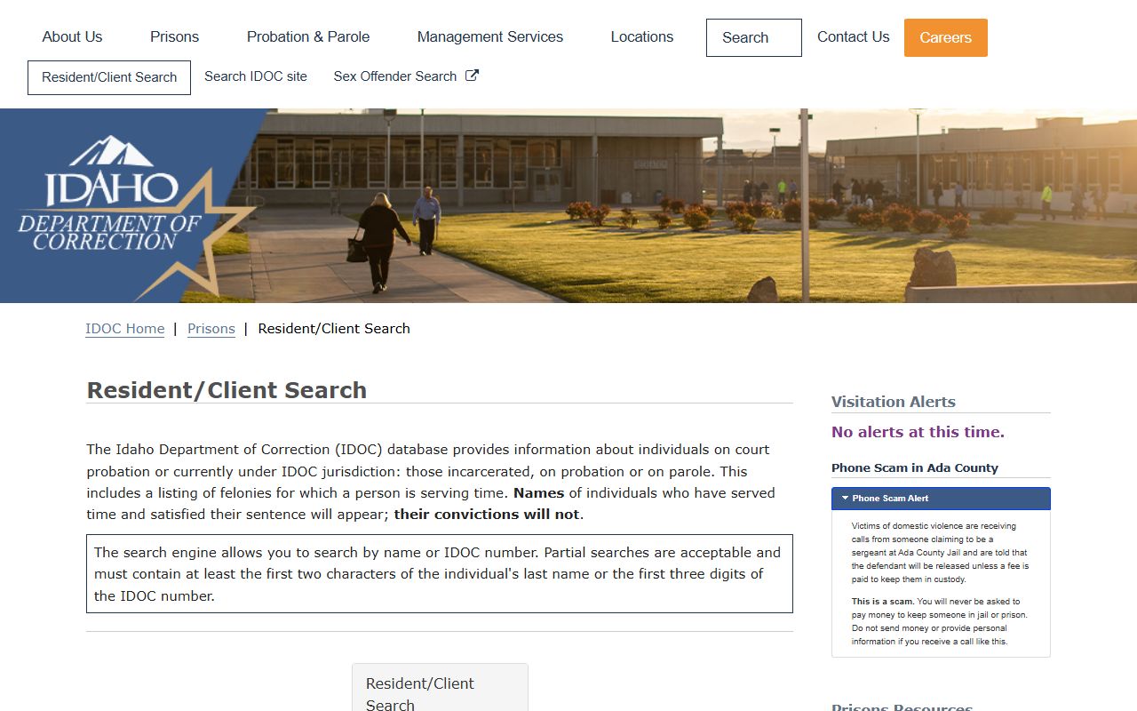 Idaho IDOC Resident Client Search fields for Bannock County inmate lookup