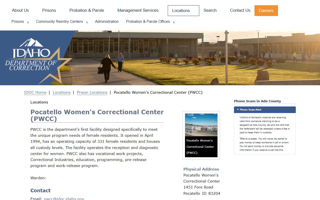 IDOC Pocatello Women's Correctional Center facility page with address and visiting links